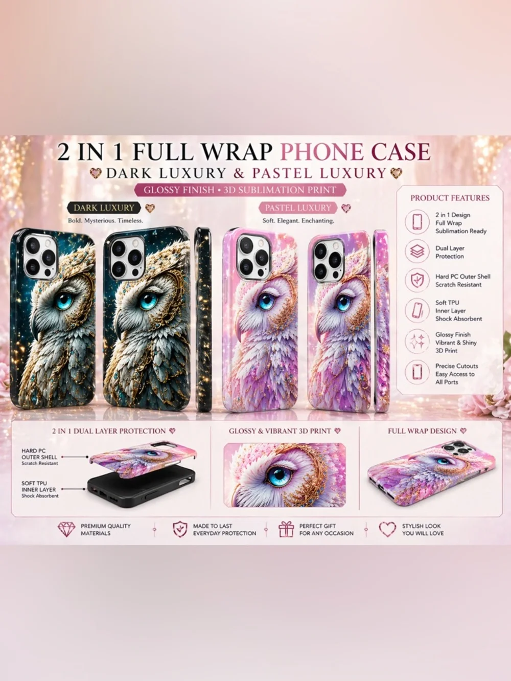 Luxury Owl Phone Case | Dark & Pastel | Dual Layer Protection | Glossy Finish